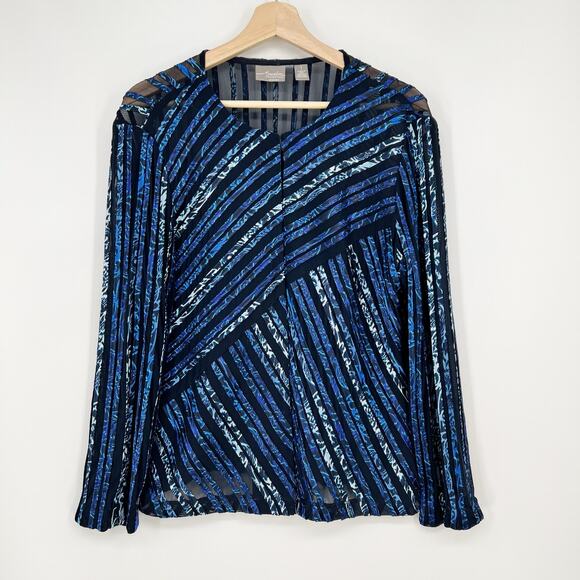 Chico’s Travellers Jacket Cardigan Size 1 / M US 8 Blue Satin Black Mesh Stripe - Picture 1 of 10